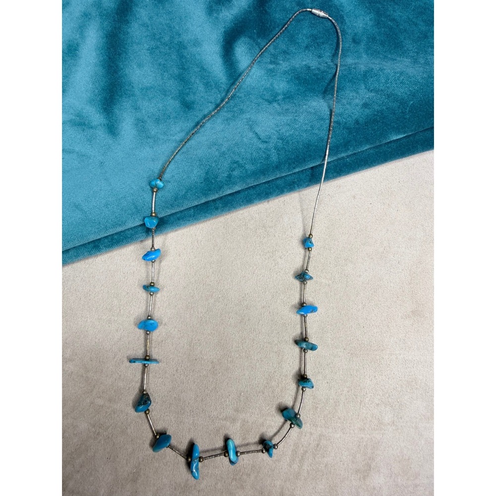 Vintage Liquid Silver Liquid Metal Turquoise Nugget Bead Necklace 12-13" - Picture 3 of 3